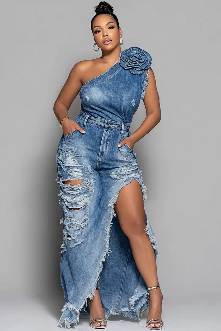 Xpluswear Design Plus Size Party Blue One Shoulder 3D Distressed Denim Two Pieces Skirt Sets 2024 - Xpluswear