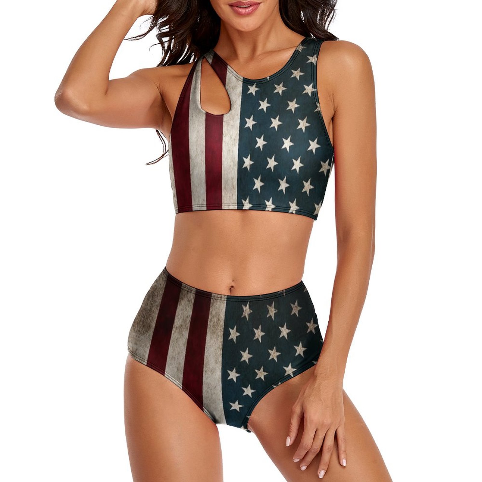 Women's American Flag High Waisted Two Piece Tankini Bathing Suits