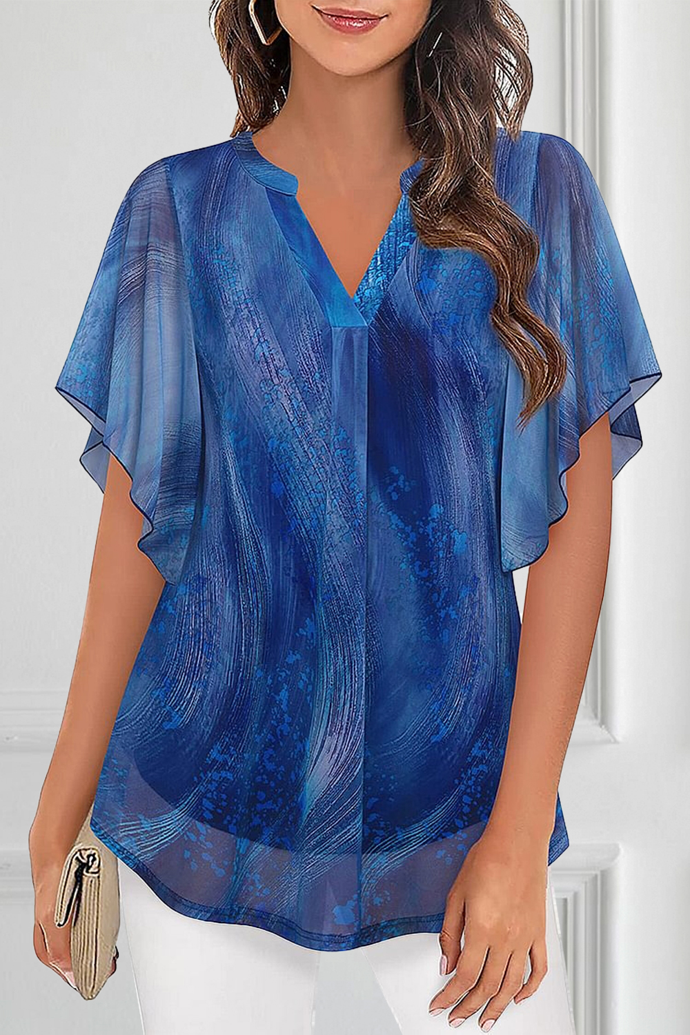 Flycurvy Plus Size Dressy Navy Blue Sheer Marble Print Ruffle Sleeve Double Layered Split Neck Blouse 2024 - Flycurvy 