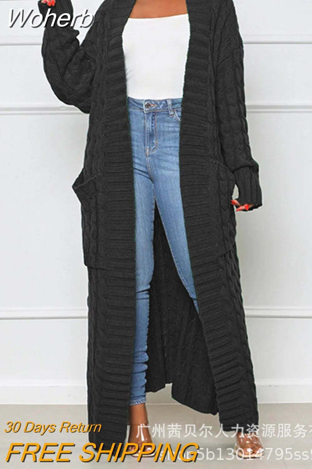 Woherb Front Cable Knit Longline Cardigan Women Long Sleeve Loose Fashion Casual Open Cardigan Knitwear Solid Color