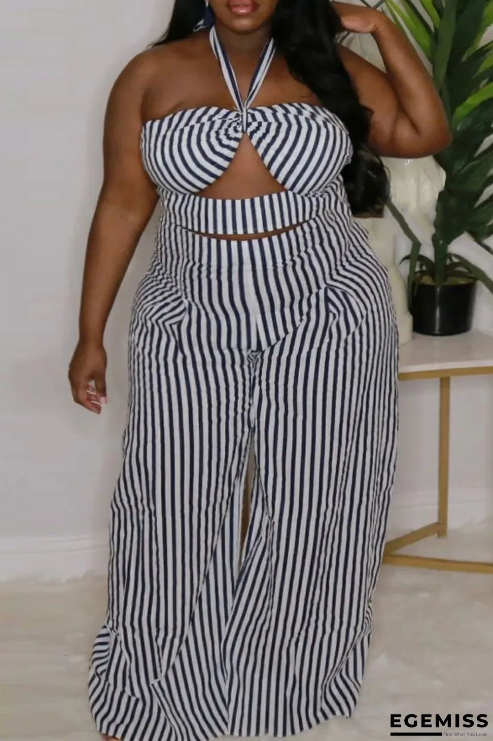Black Fashion Sexy Striped Print Bandage Backless Strapless Plus Size Two Pieces | EGEMISS