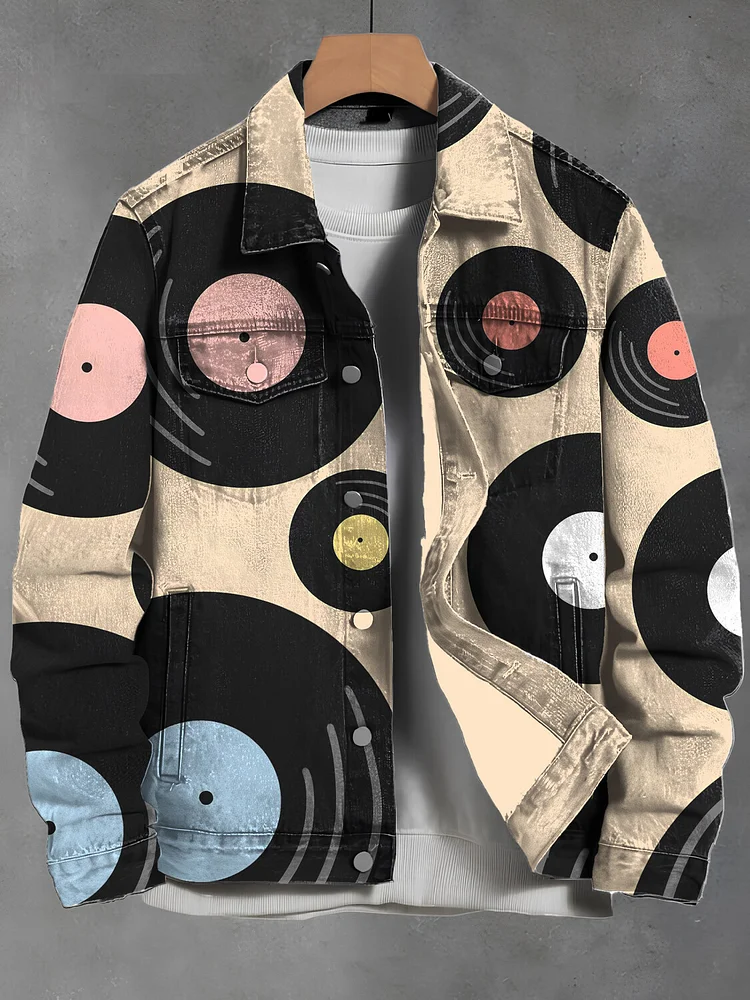 Men's Retro Vinyl Records Print Denim-Like Long Sleeve Shirt