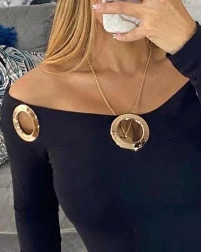 Nncharge Women Sexy Off Shoulder Grommet Eyelet Decor Plain Long Sleeve Skinny Daily Bodysuit 2023 Summer Latest Fashion