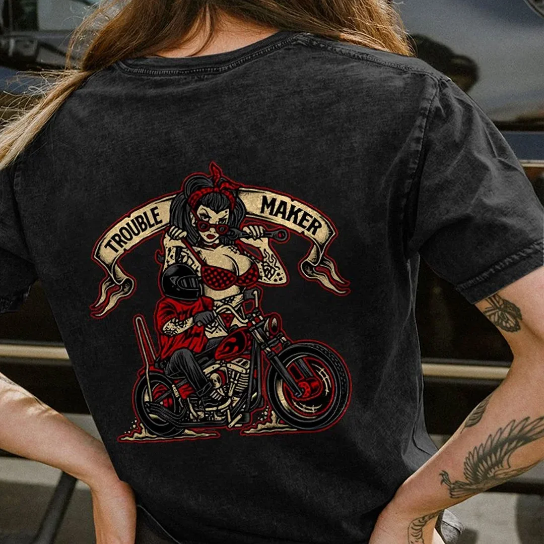TROUBLE MAKER Riding Motorcycle Graphic  Black Print T-shirt