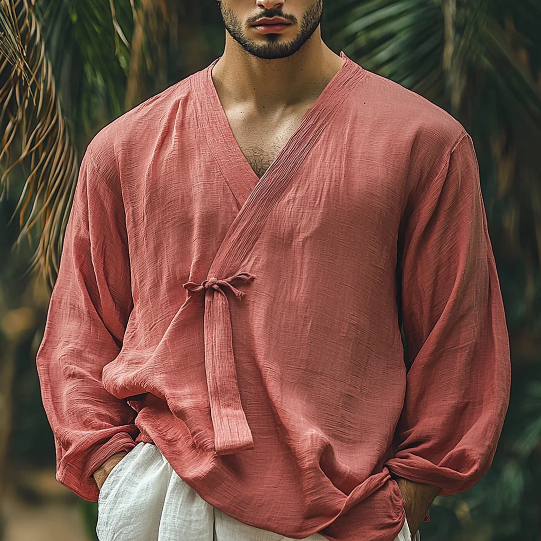 Men's Holiday Solid V-Neck Lightweight Long Sleeve Linen Shirt-inspireuse