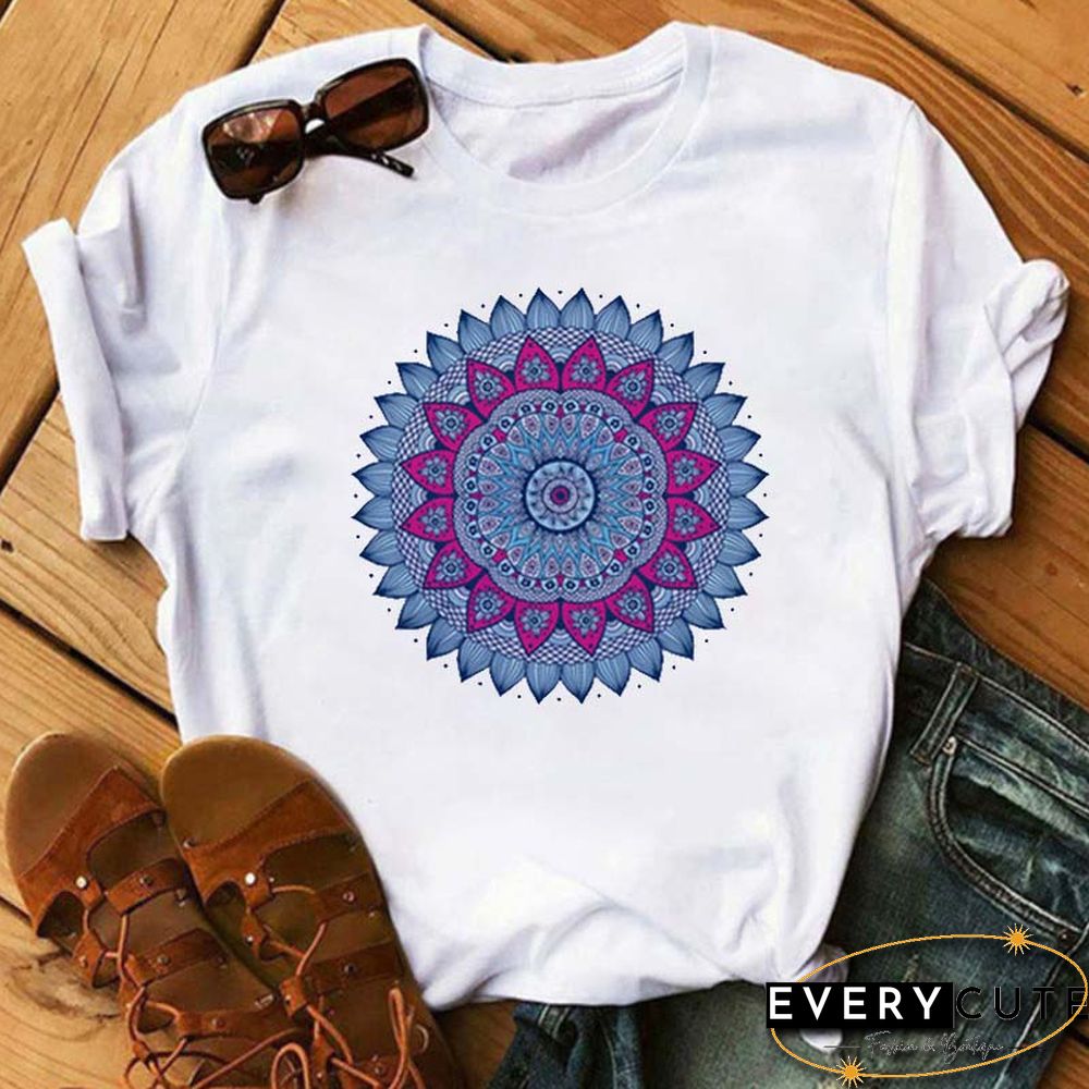 Maycaur New Mandala Floral Printed T Shirt Women Casual Fashion T-shirt Loose Short Sleeve 90s Girls Aesthetics Black Tshirt Top