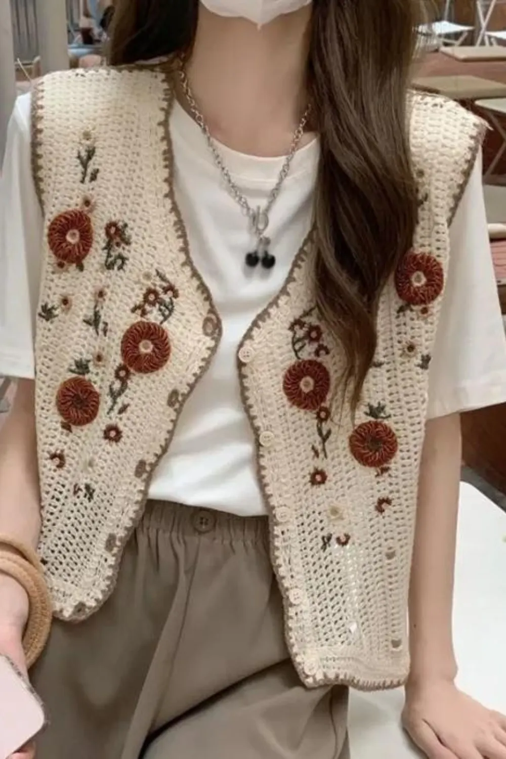 Women's Fashion Embroidered Vintage Knitted Crochet Hollow Sweater Vest Top