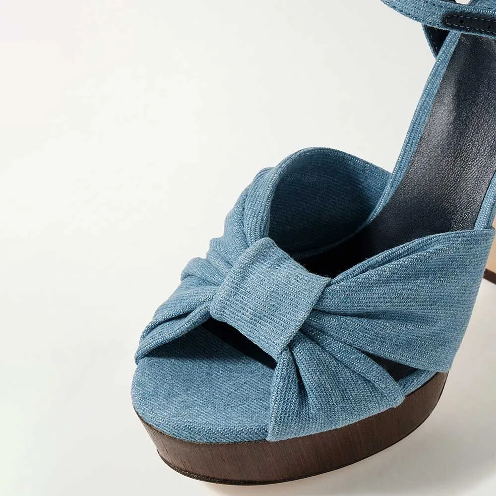Blue Denim Platform Ankle Strap Women's Heel Sandals with Knot