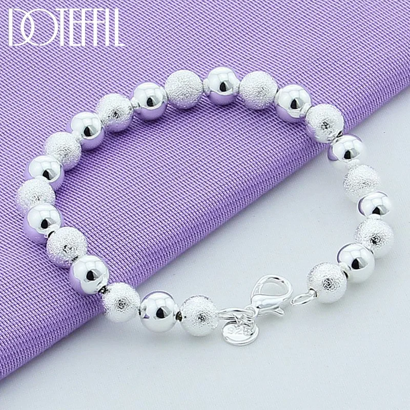 DOTEFFIL 925 Sterling Silver Matte Smooth Ball 8mm Bead Chain Bracelet For Women Jewelry