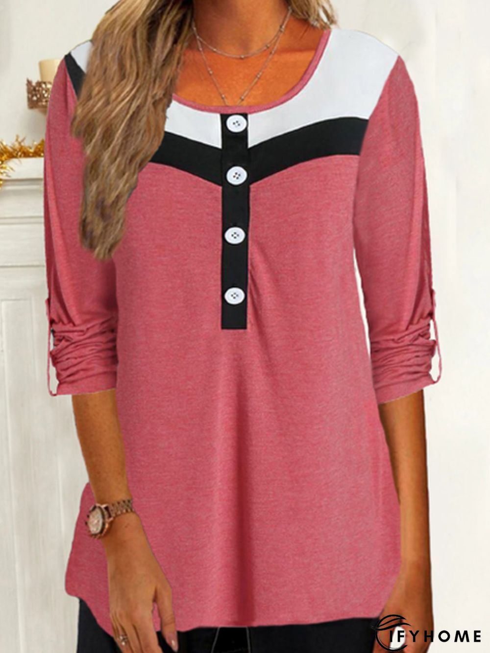 Crew Neck Buckle Color Block Casual tunic T-Shirt | IFYHOME