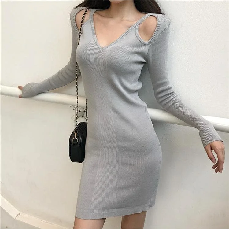 Black/Grey Off-Shoulder Long Sleeve Knitting Dress SP14244