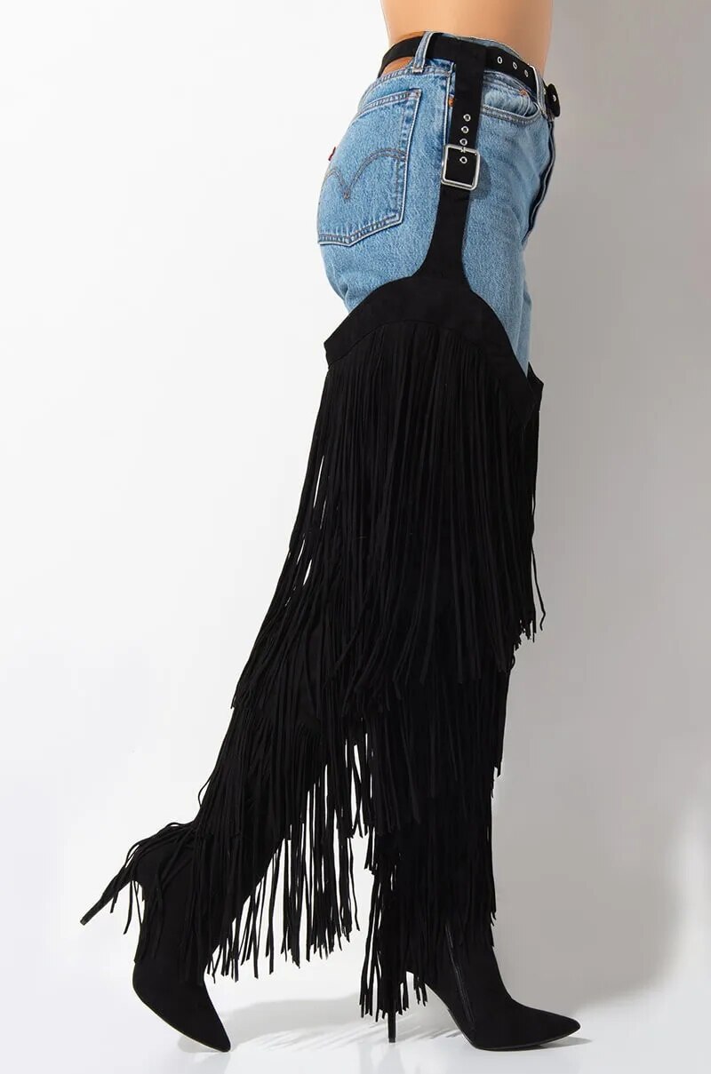 VCSHOES Women Fringe Thigh High Boots Tassel Snakeskin Black Pants Boots Pointed Toe High Heels Over The Knee Boots Women
