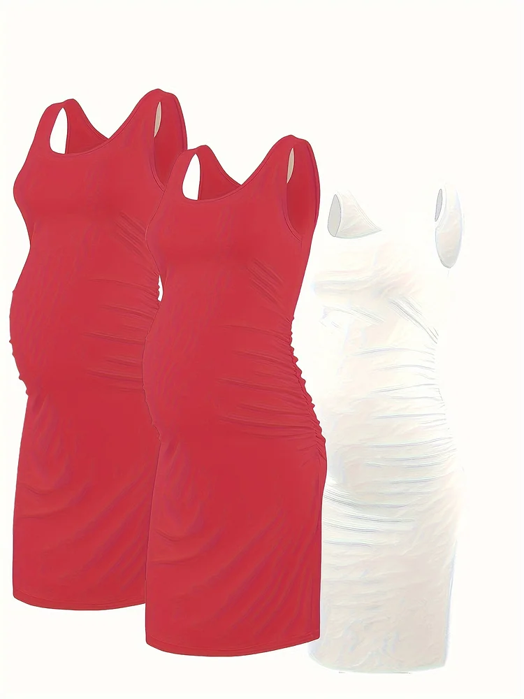 3pcs Maternity Tank Dresses, Side Ruched, Stretchy Midi Bodycon Dress For Casual Wear