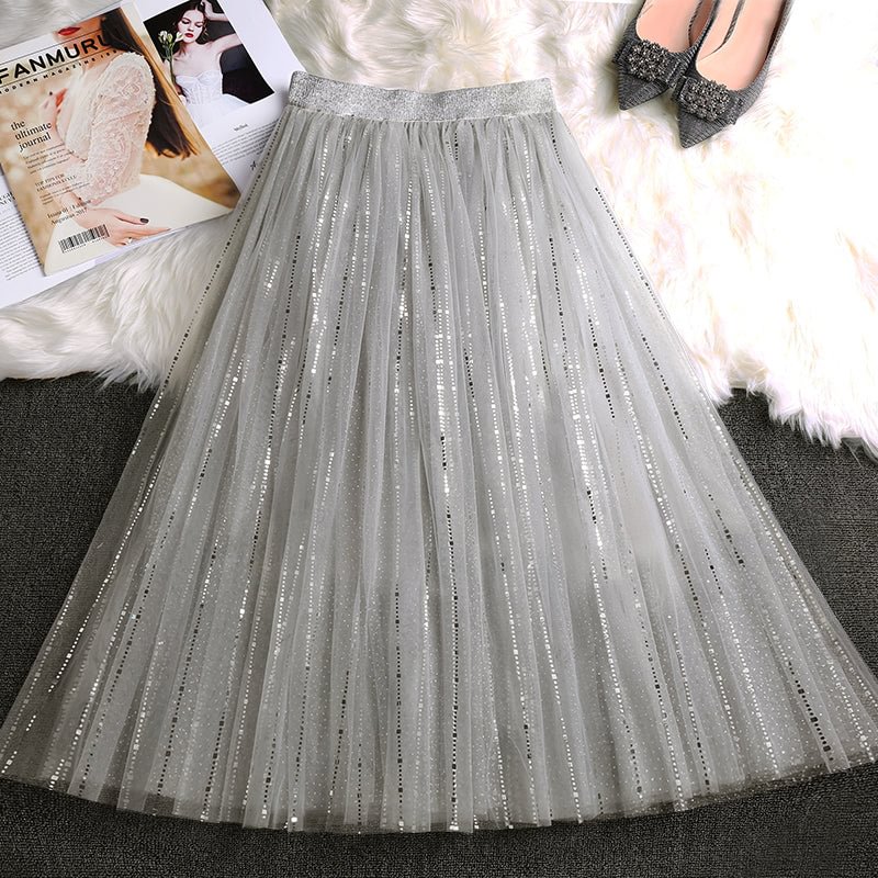 Handmade Grey Sequins tulle Pleated Summer Skirts CK2123- Fabulory