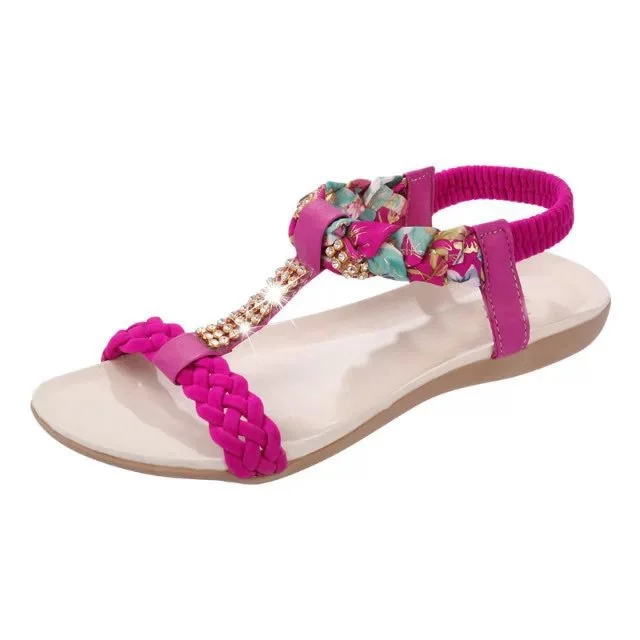 Women Sandals Summer Flat Heel Bohemian Sandals 2019 New Rhinestone Mixed Color Ladies Elastic Band Open Toes Beach Shoes