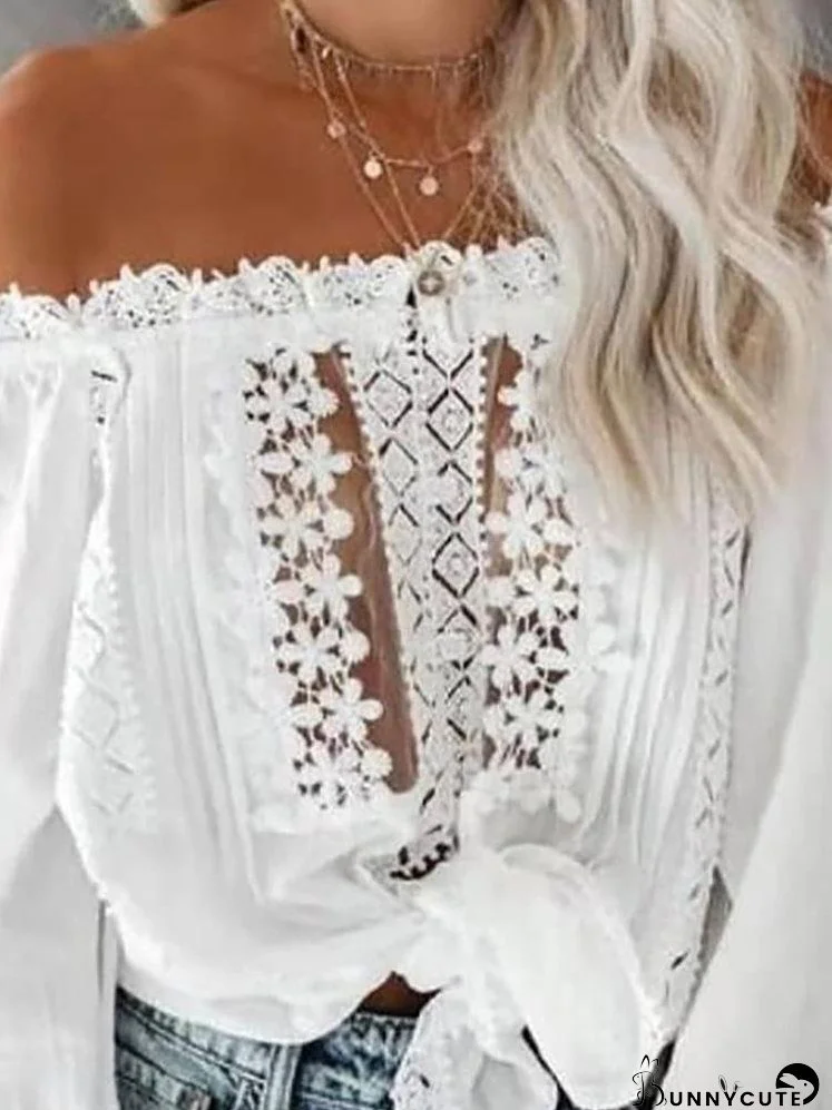 Off Shoulder Plain Lace Contrast Blouse for Women