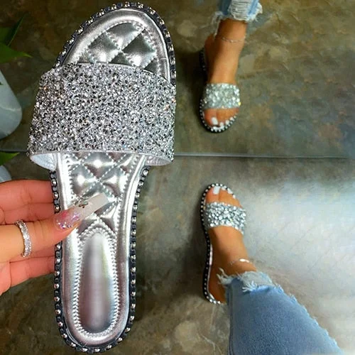 Back to college Women Crystal Slippers Ladies Bling Flats Female Fashion Outdoor Beach Shoes Female Footwear Women Summer Slides Plus Size 35-43