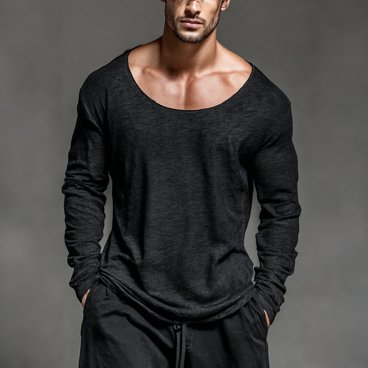 Deep V-Neck Long Sleeve Sheer Top for Men