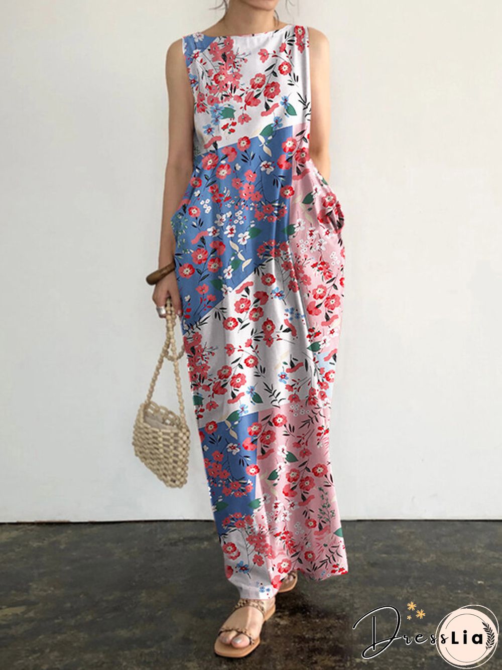 Floral Print Pocket Sleeveless Round Neck Maxi Dress