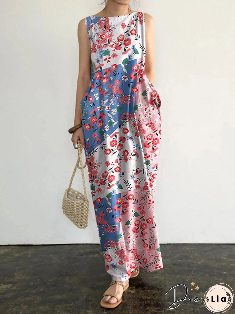 Floral Print Pocket Sleeveless Round Neck Maxi Dress