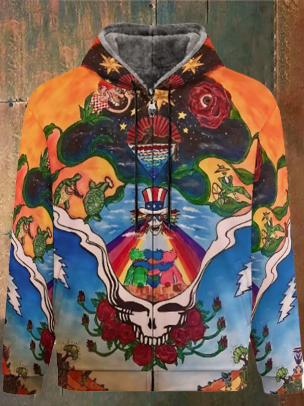 Unisex Skull Print Double Layer Fleece Zip-Up Hooded Jacket