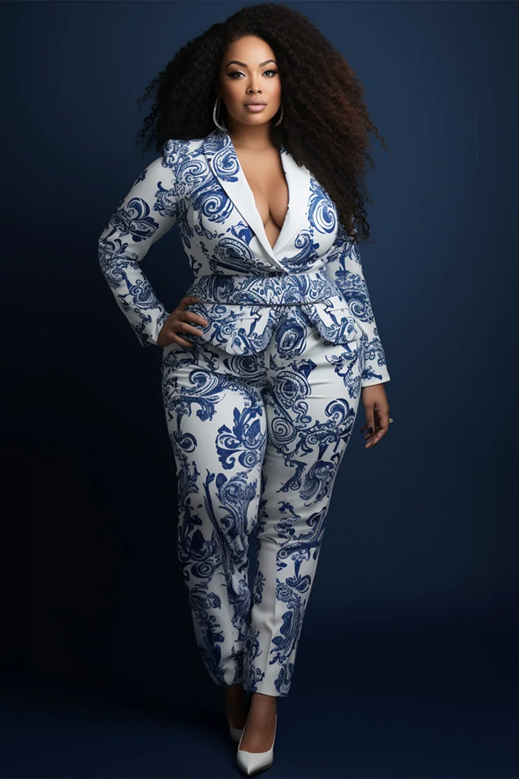 Xpluswear Design Plus Size Formal Blue Graphic Lapel Collar Long Sleeve Pocket Two Piece Pant Suits [Pre-Order] 2024 - Xpluswear
