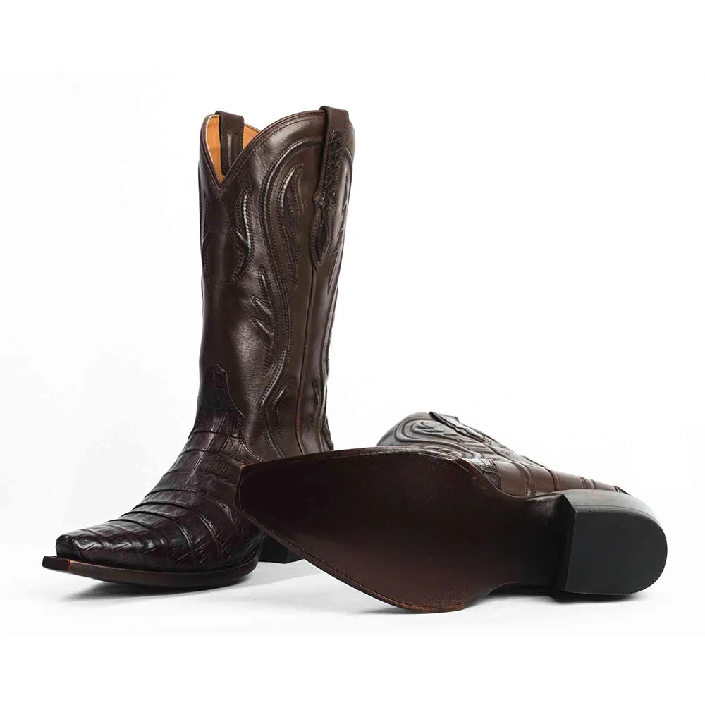 Chic Brown Snip Toe Chunky Heel Croc Embossed Western Boots for Women