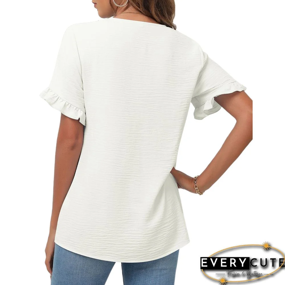 White V-neck Button Ruffle Short Sleeves Top