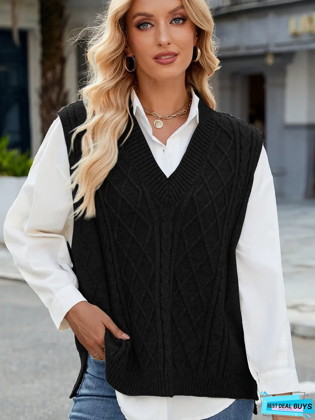Cable Knit V-Neck Sweater Vest