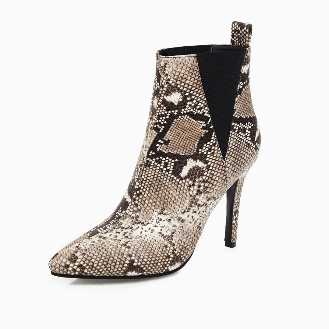 Wild Style Snake Effect Pointed Toe High Heeled Ankle Boots - Coffee