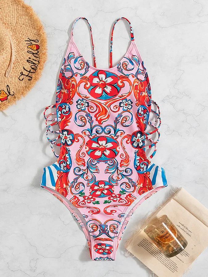 Vintage one-piece swimsuit sexy print backless swimsuit