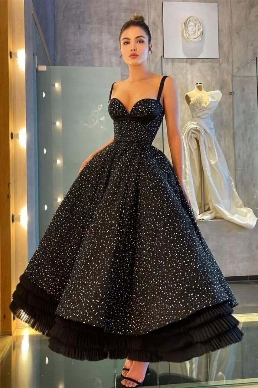 Luluslly Sweetheart Straps Sleeveless Black Prom Dress Princess Layered