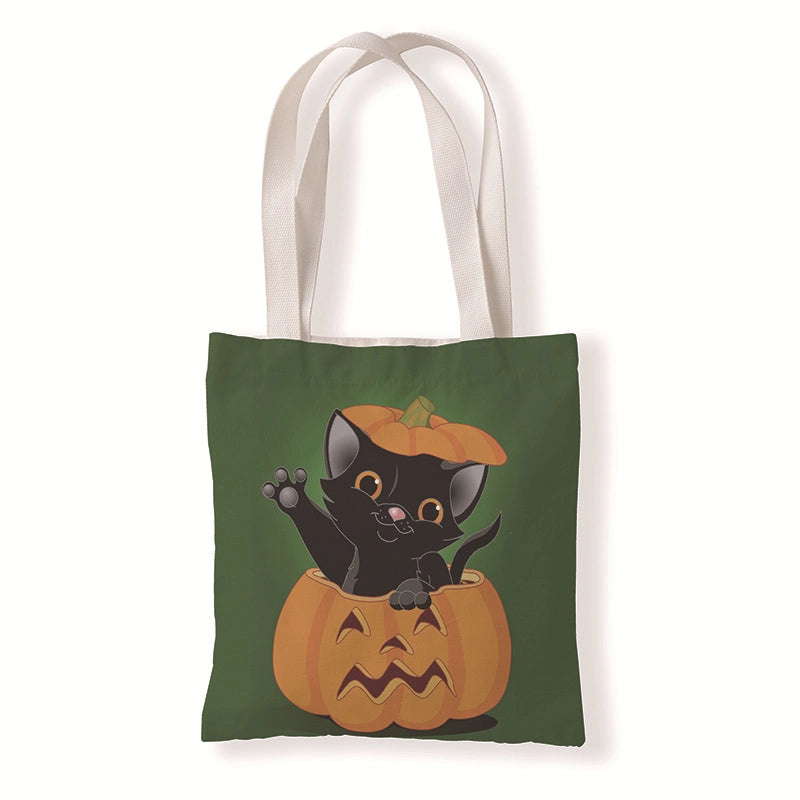 Halloween Women’s Medium Canvas Pumpkin Cat Streetwear Square Open Canvas Bag