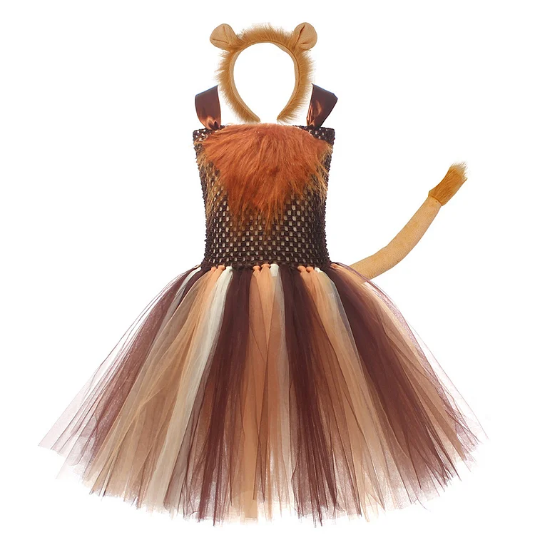 Kids Children Animals Lion Brown Tutu Dress Outfits Cosplay Costume Halloween Carnival Suit