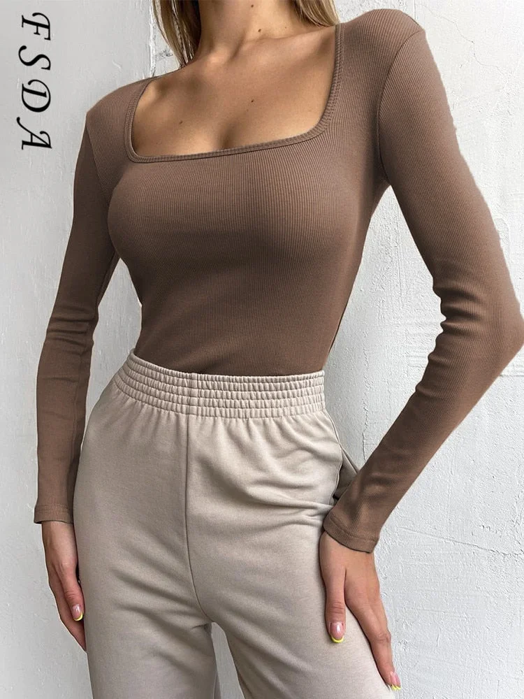 2022 Square Neck Green Long Sleeve T Shirts Women Knitted Autumn Winter Black Basic Ribber White Khaki Top Shirt Casual Y2K