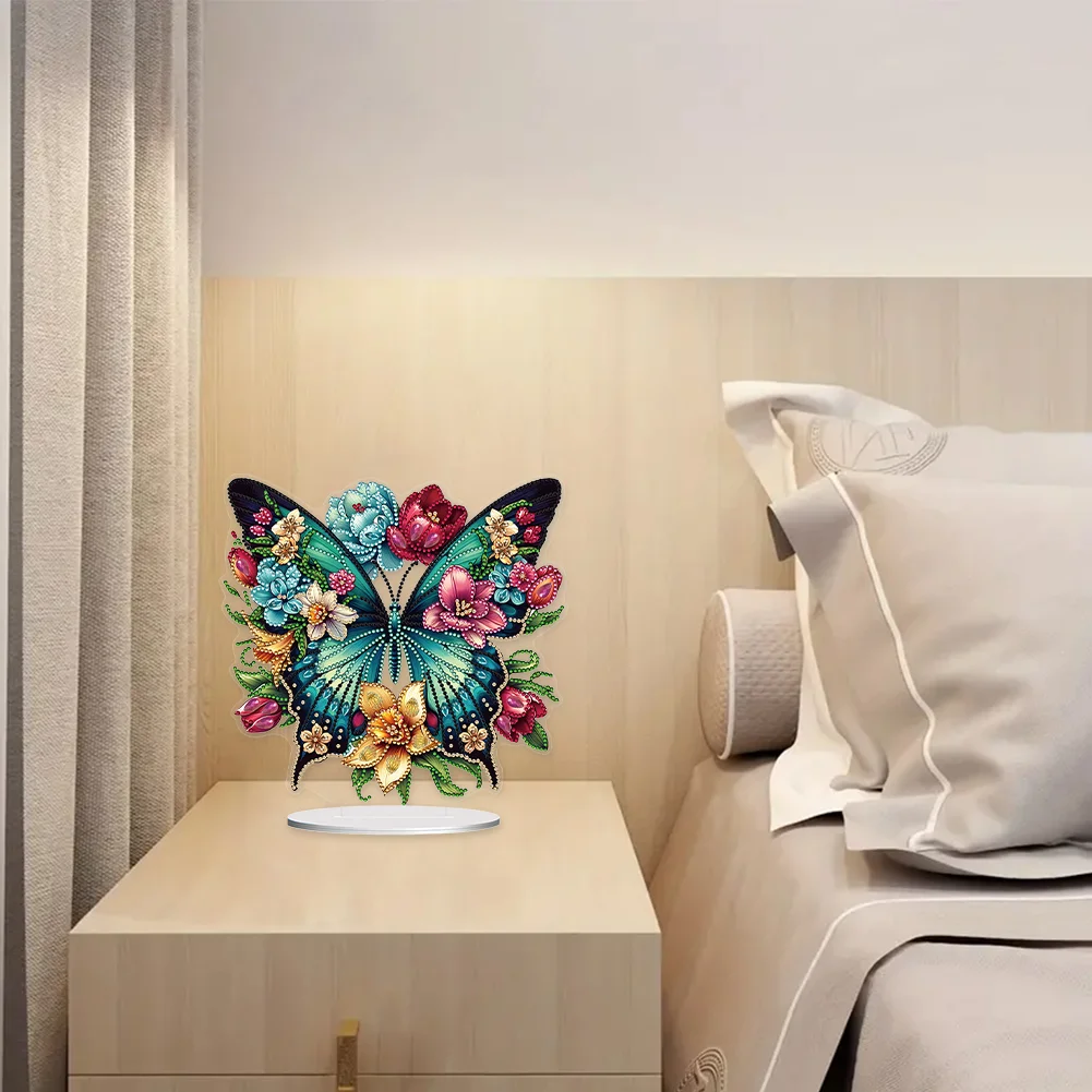 5D DIY Flower Butterfly Acrylic Single-Sided Diamond Painting Tabletop Ornament Kit for Office Desktop Decor