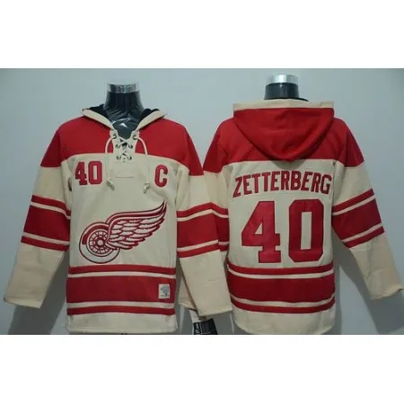 Red Wings #40 Henrik Zetterberg Cream Sawyer Hooded Sweatshirt Stitched NHL Jersey