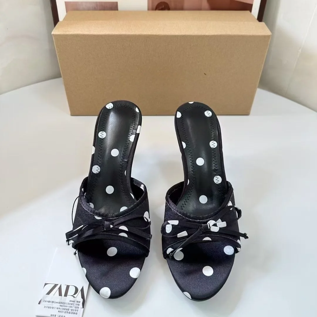 Breakj Breakj Home 2025 New Women's Shoes Fashion With Back Empty Slippers Fabric Bows Decorated With High Heel Sandals