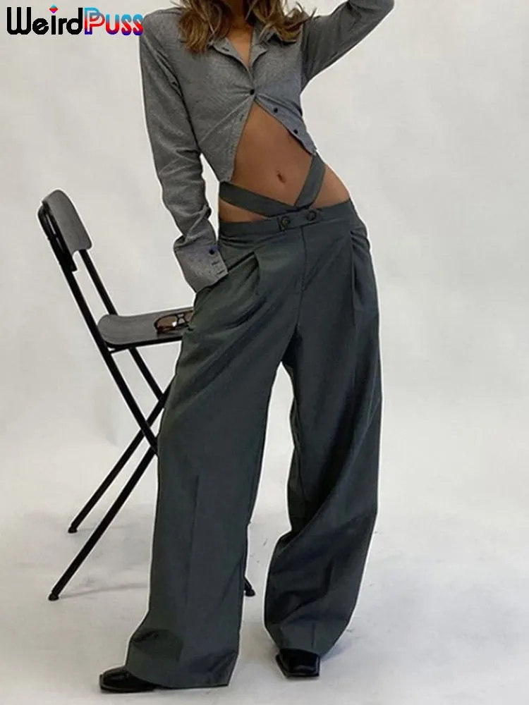 Weird Puss Y2K Wide Pants Women Cut Belt Fall Trend Hip Hop Button Trousers Baggy Wild Streetwear Bottom Casual Sporty Joggers