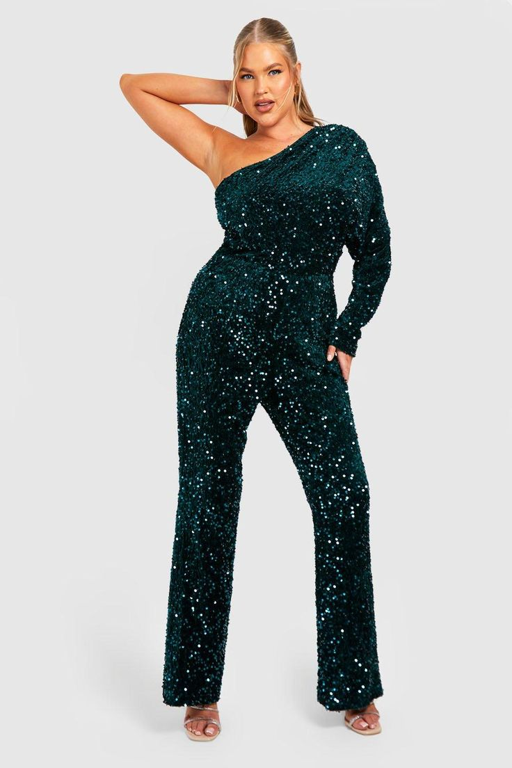 Lussooy Dark Green Chic Sequins One-Shoulder Party Jumpsuit With One Sleeve  
