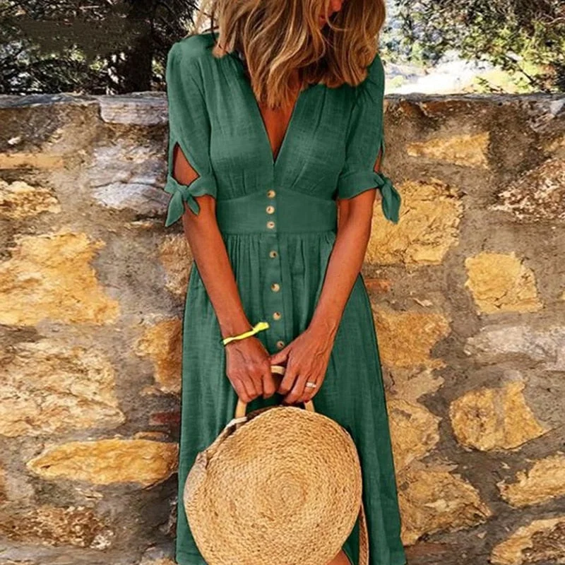 Casual Women Summer Beach Boho Dress Sexy Deep V-Neck Solid Half Sleeve Dress Elegant Lady Button Wrap Midi Party Dress Vestidos