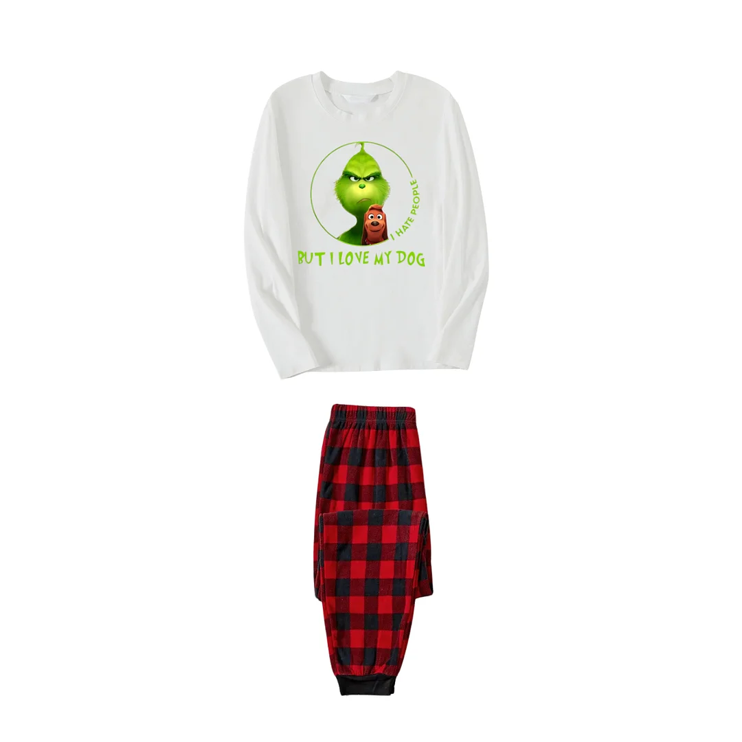 Cartoon Pattern and "I hate people but I love my dog" Text Printed Red & Black Plaid Family Matching Pajamas