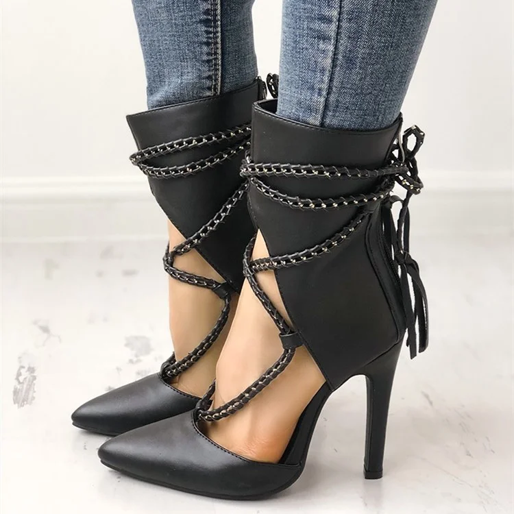 Black Pointed Toe Cut Out Strappy Ankle Boots with Stiletto Heels |FSJ Shoes