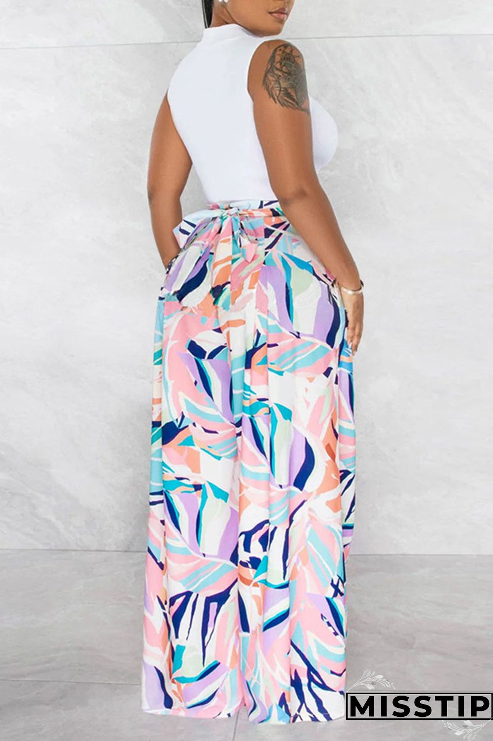 Light Green Casual Print Patchwork O Neck Sleeveless Two Pieces