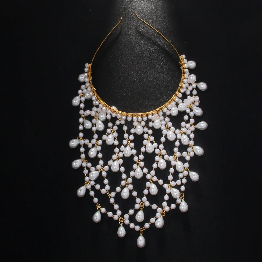 Vintage Bohemian Grid Pearl Headband Chain Hat Bridal Jewelry Tiara Headwear