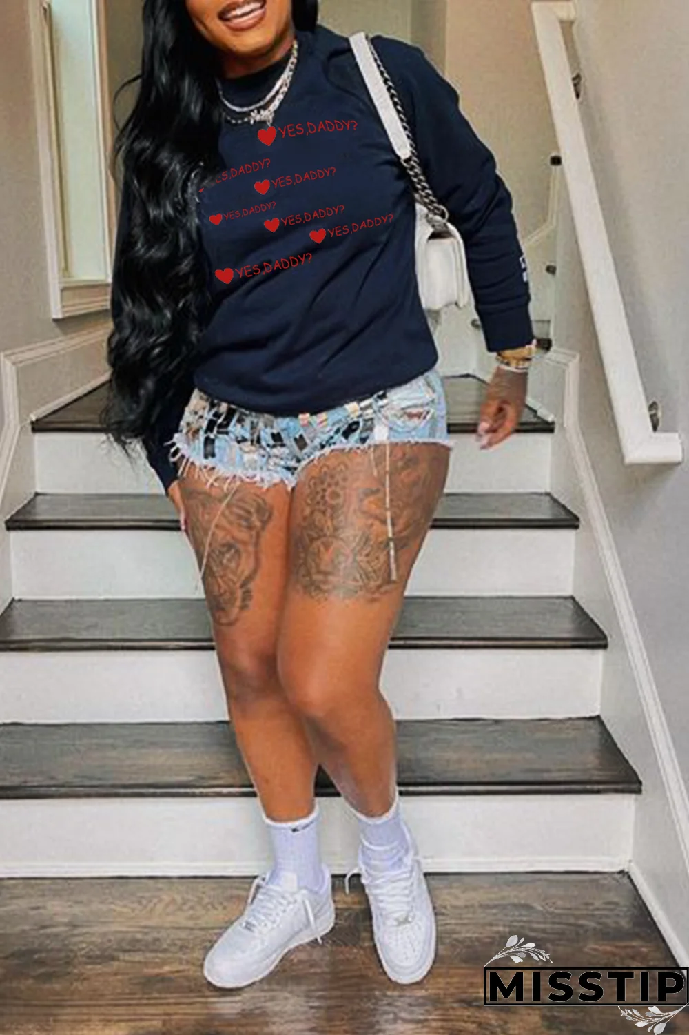 White Street Party Print Patchwork Letter O Neck Tops