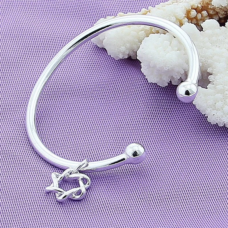 DOTEFFIL 925 Sterling Silver Double Beads Cuff Bangle Bracelet For Woman Jewelry