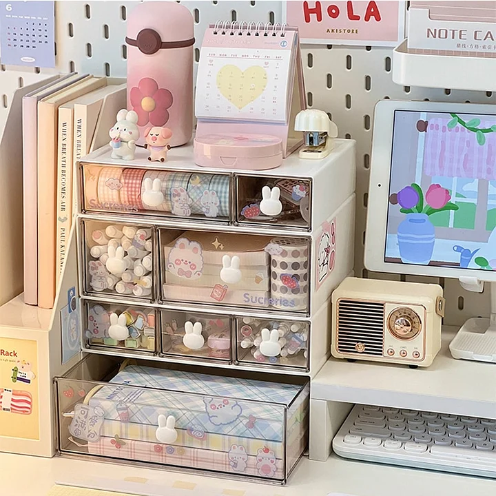 Kawaii Desktop Drawer Storage Box With Sticker Cute Plastic Clear Organizer  Boxes Student Desk Stationery Container Storage Rack