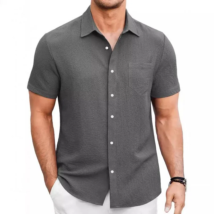 Men's Casual Puff Wrinkle Lapel Patch Pocket Short Sleeve Shirt