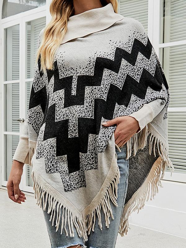Women's Scoop Neck Knit Shawl Fringed Hem Loose Sweater Top